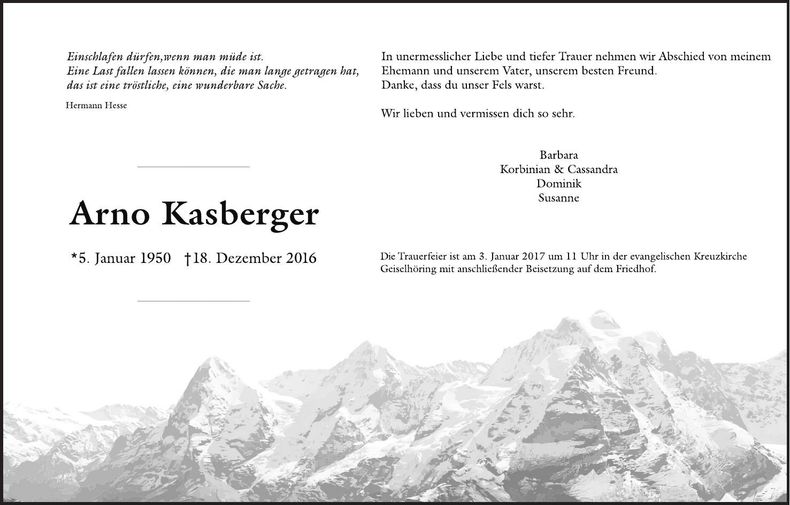 Traueranzeige Arno Kasberger