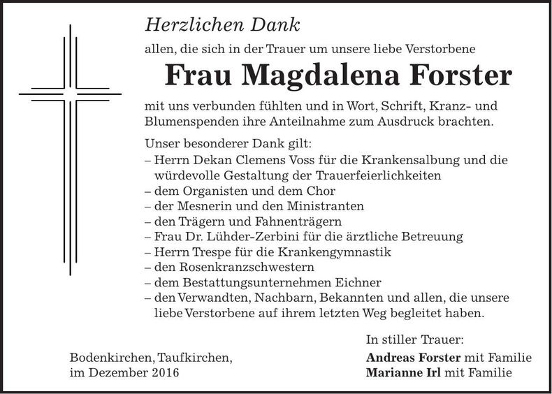 Traueranzeige Magdalena Forster