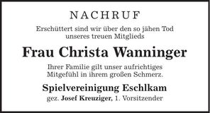 Traueranzeige Christa Wanninger