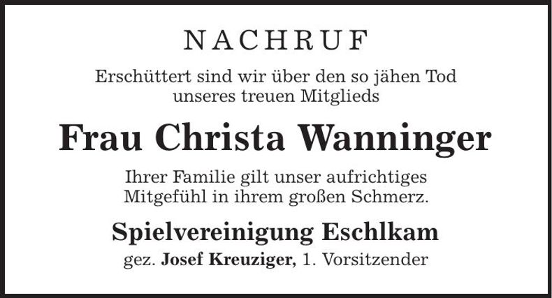 Traueranzeige Christa Wanninger
