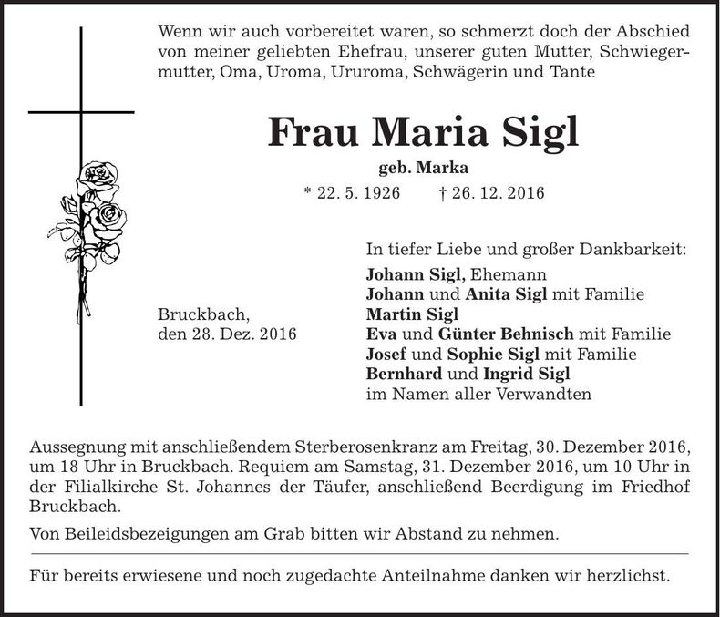 Traueranzeige Maria Sigl