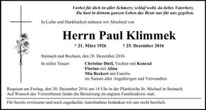 Traueranzeige Paul Klimmek