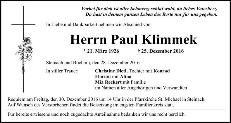Traueranzeige Paul Klimmek