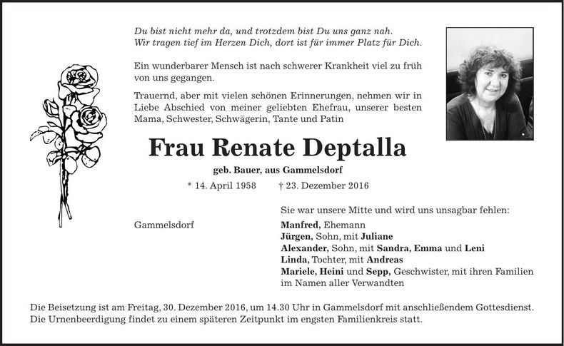 Traueranzeige Renate Deptalla