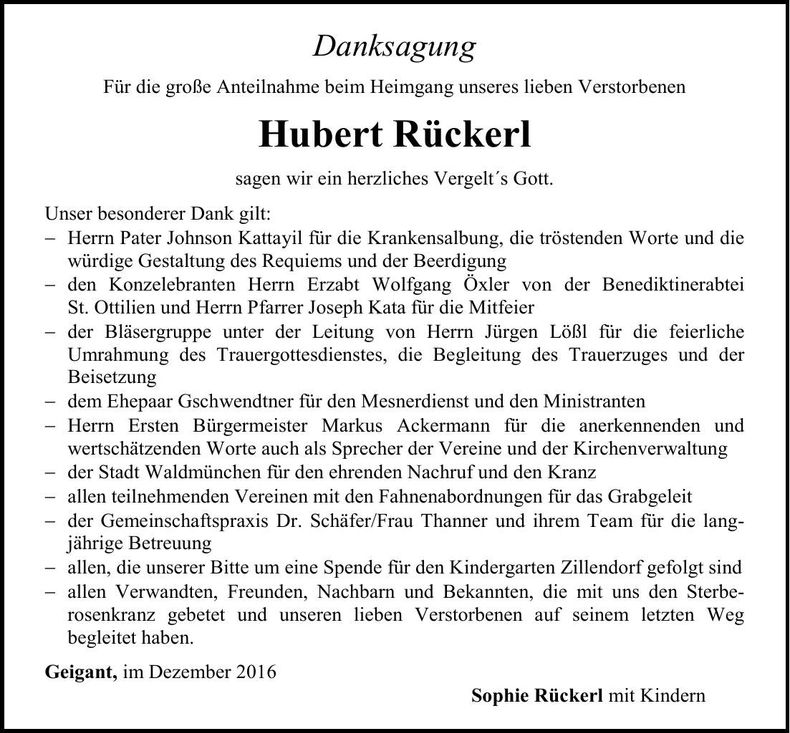 Traueranzeige Hubert Rückerl