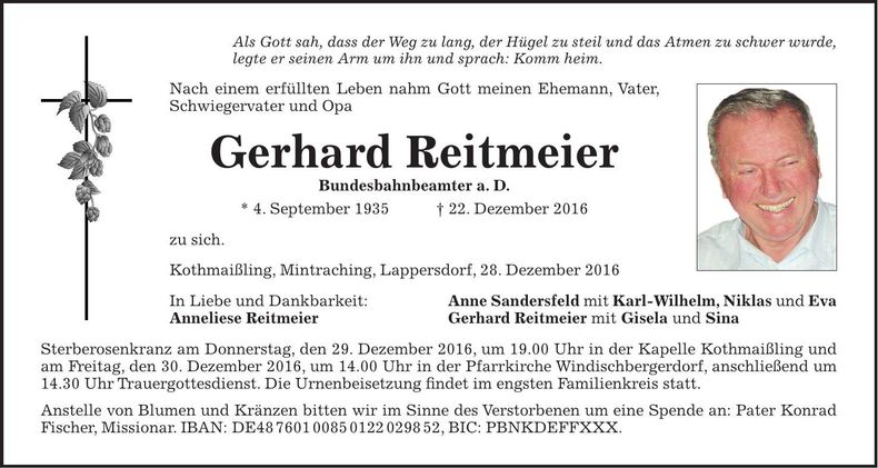 Traueranzeige Gerhard Reitmeier