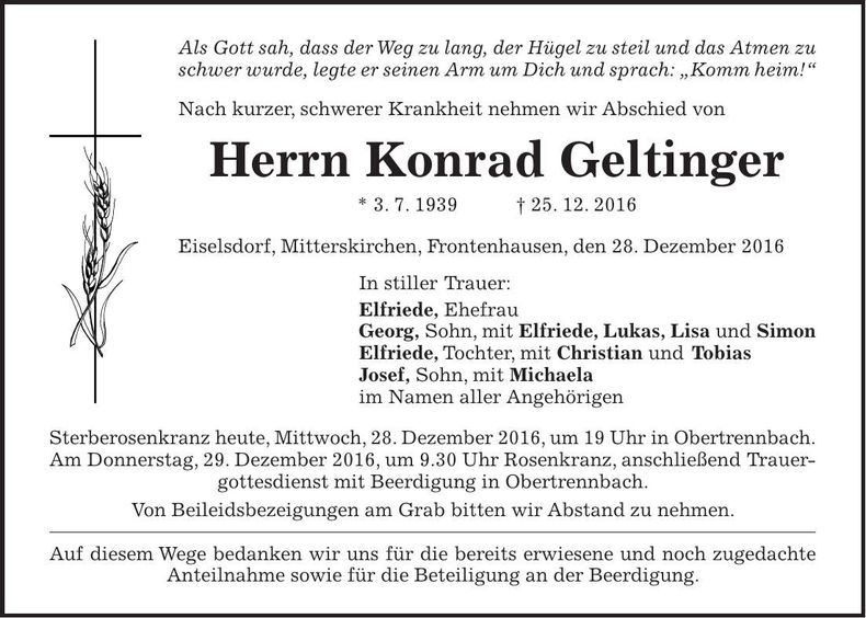 Traueranzeige Konrad Geltinger