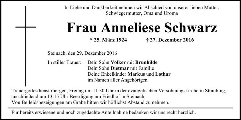 Traueranzeige Anneliese Schwarz