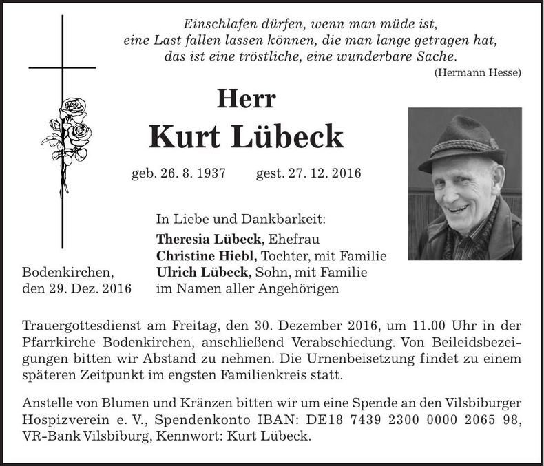 Traueranzeige Kurt Lübeck