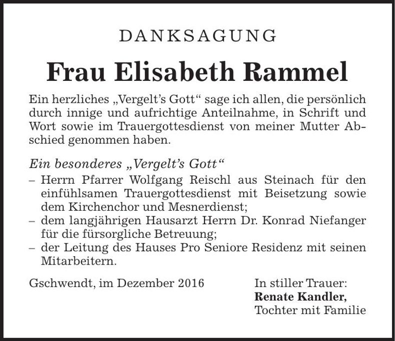Traueranzeige Elisabeth Rammel