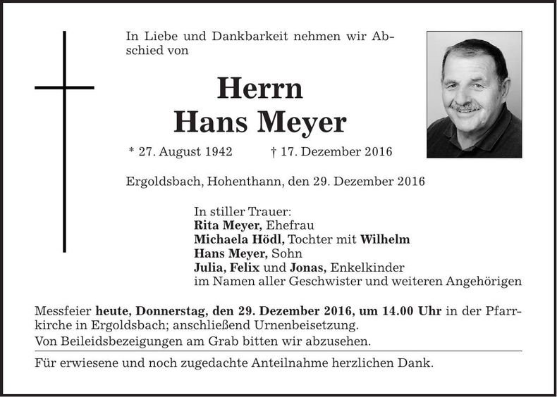 Traueranzeige Hans Meyer