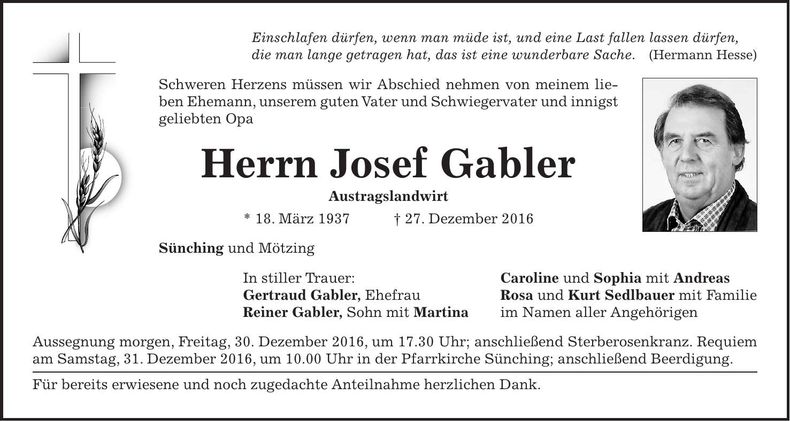 Traueranzeige Josef Gabler