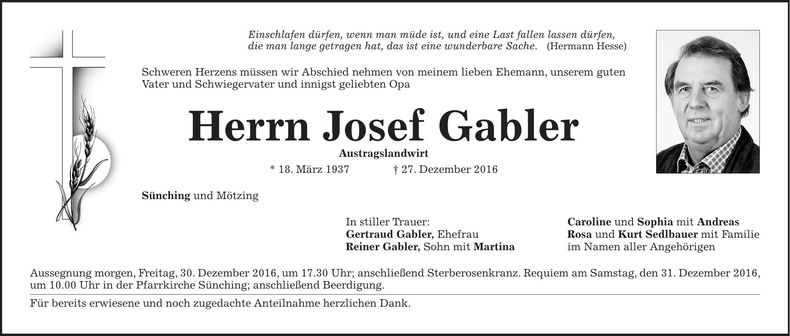 Traueranzeige Josef Gabler
