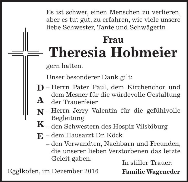 Traueranzeige Theresia Hobmeier