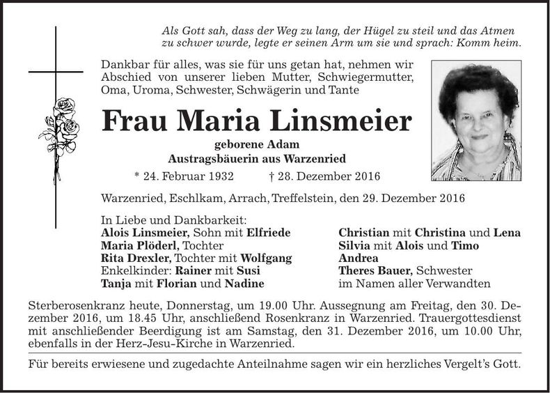 Traueranzeige Maria Linsmeier