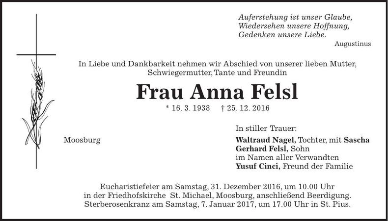 Traueranzeige Anna Felsl