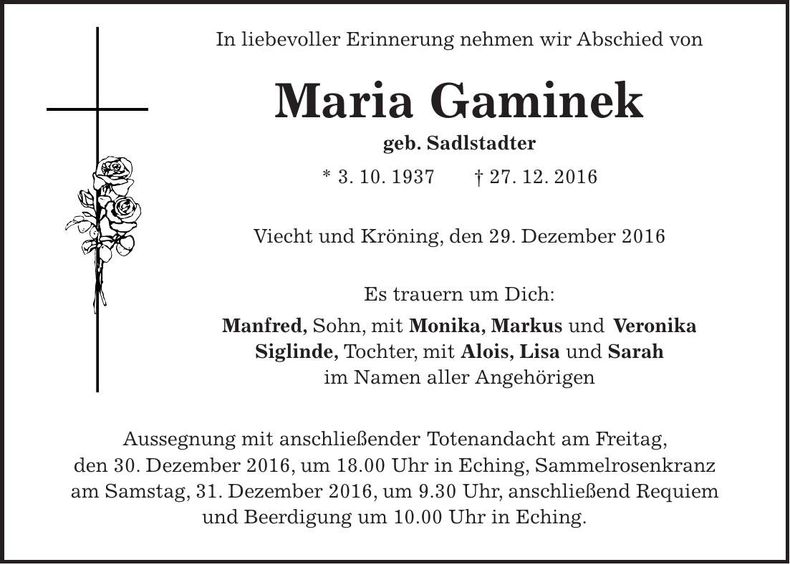 Traueranzeige Maria Gaminek