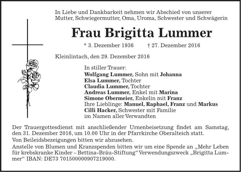 Traueranzeige Brigitta Lummer