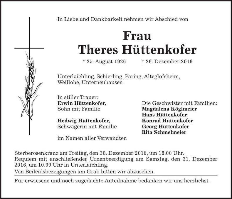 Traueranzeige Theres Hüttenkofer