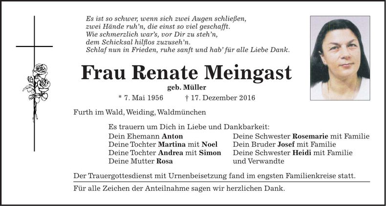 Traueranzeige Renate Meingast