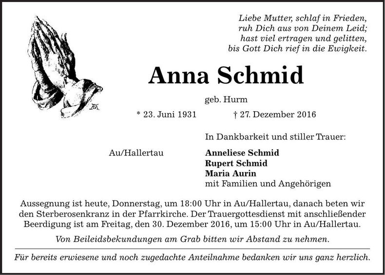 Traueranzeige Anna Schmid