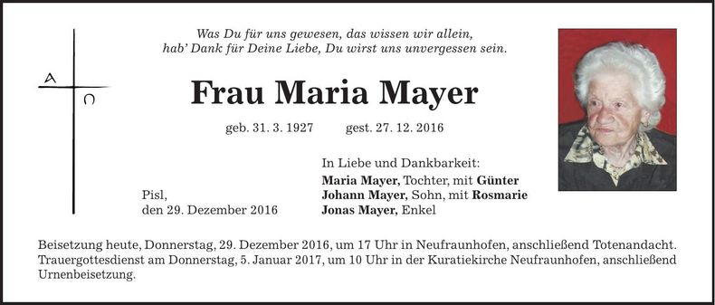 Traueranzeige Maria Mayer