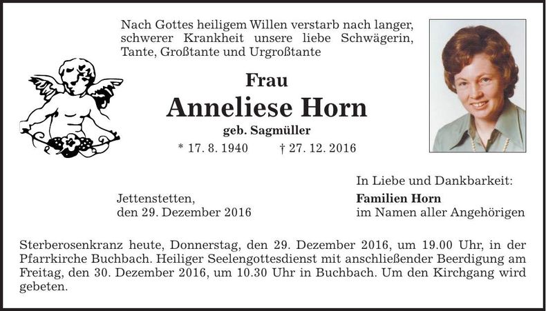 Traueranzeige Anneliese Horn