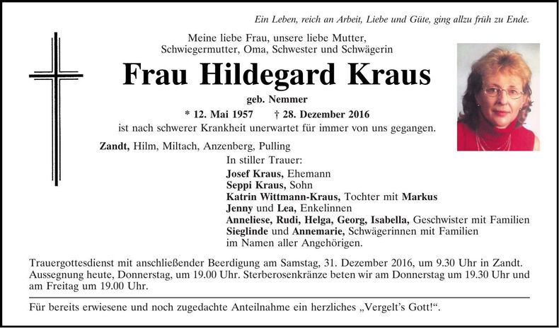Traueranzeige Hildegard Kraus