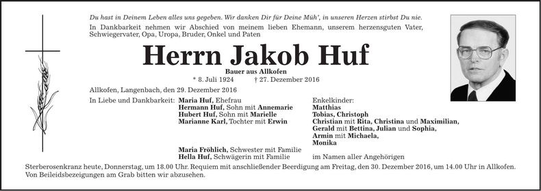 Traueranzeige Jakob Huf