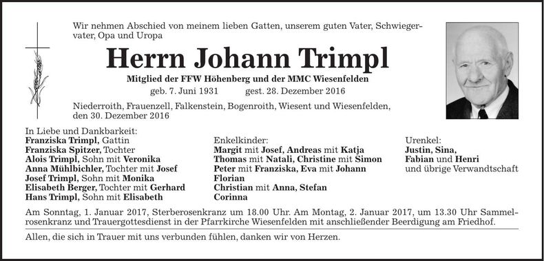 Traueranzeige Johann Trimpl