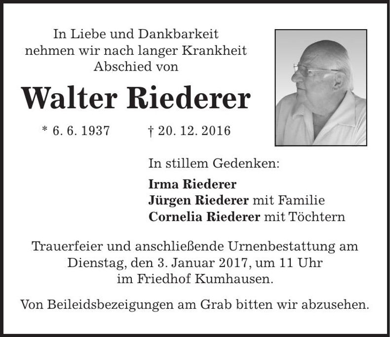 Traueranzeige Walter Riederer