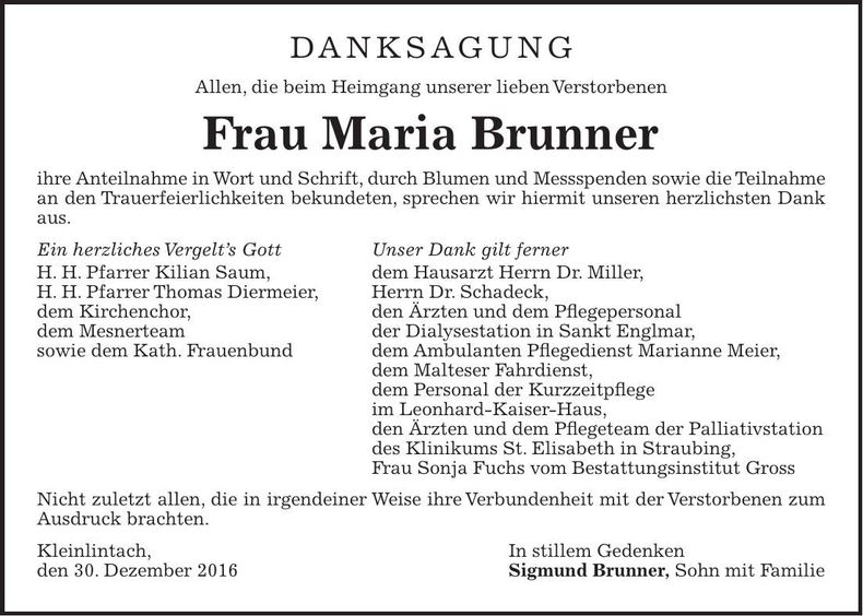 Traueranzeige Maria Brunner