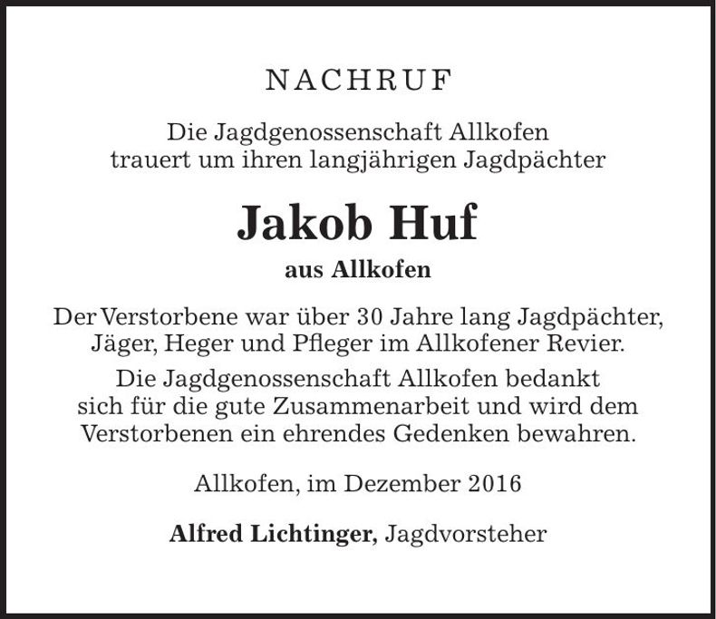 Traueranzeige Jakob Huf
