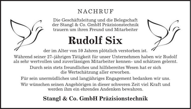 Traueranzeige Rudolf Six