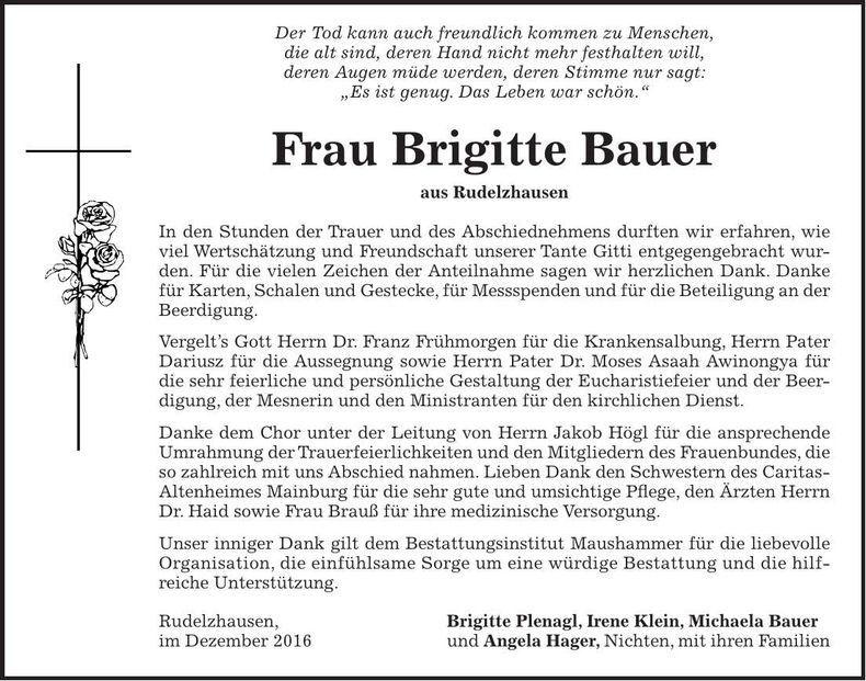 Traueranzeige Brigitte Bauer