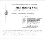 Traueranzeige Hedwig Zettl