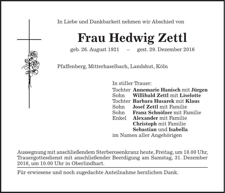 Traueranzeige Hedwig Zettl