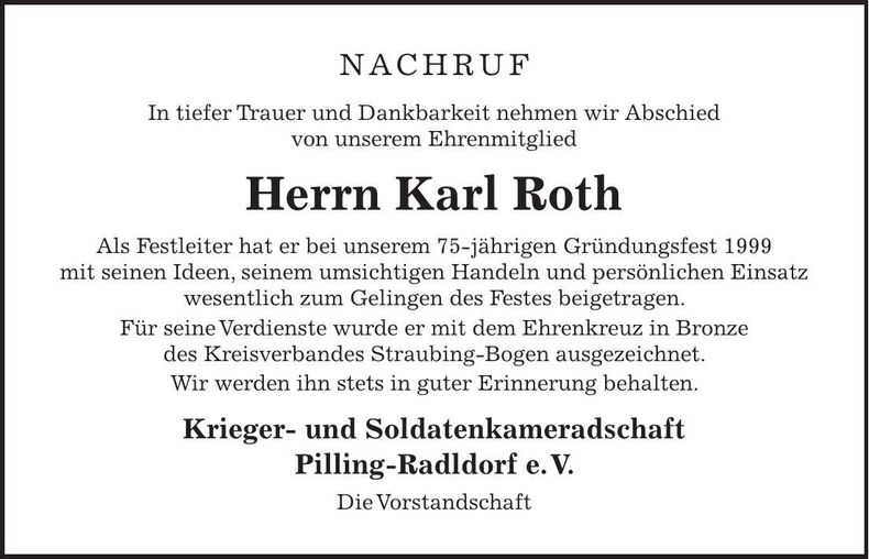 Traueranzeige Karl Roth