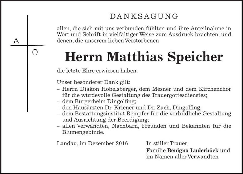 Traueranzeige Matthias Speicher