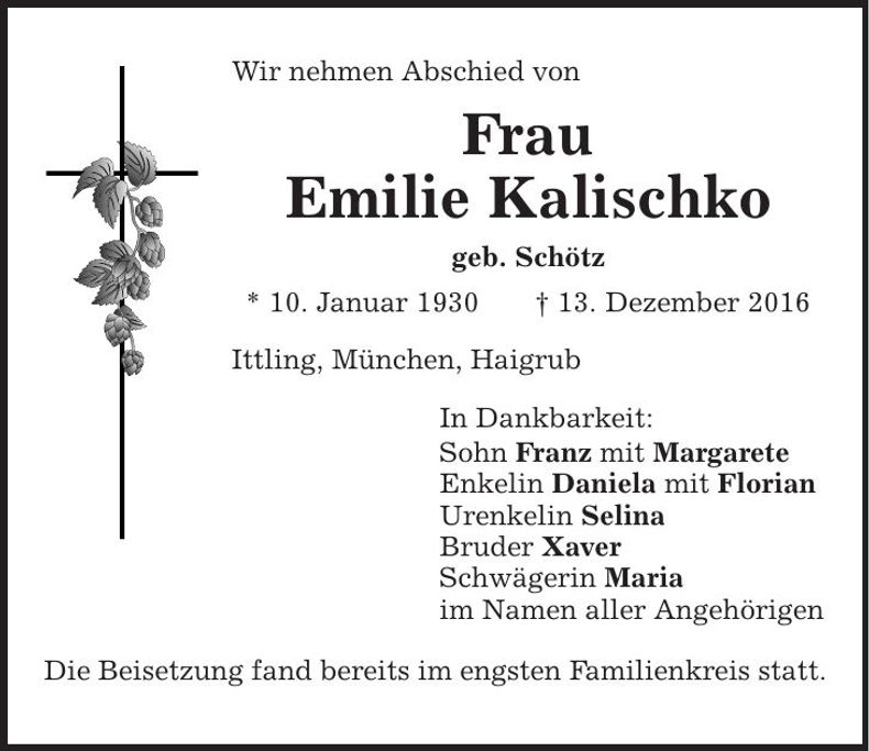 Traueranzeige Emilie Kalischko