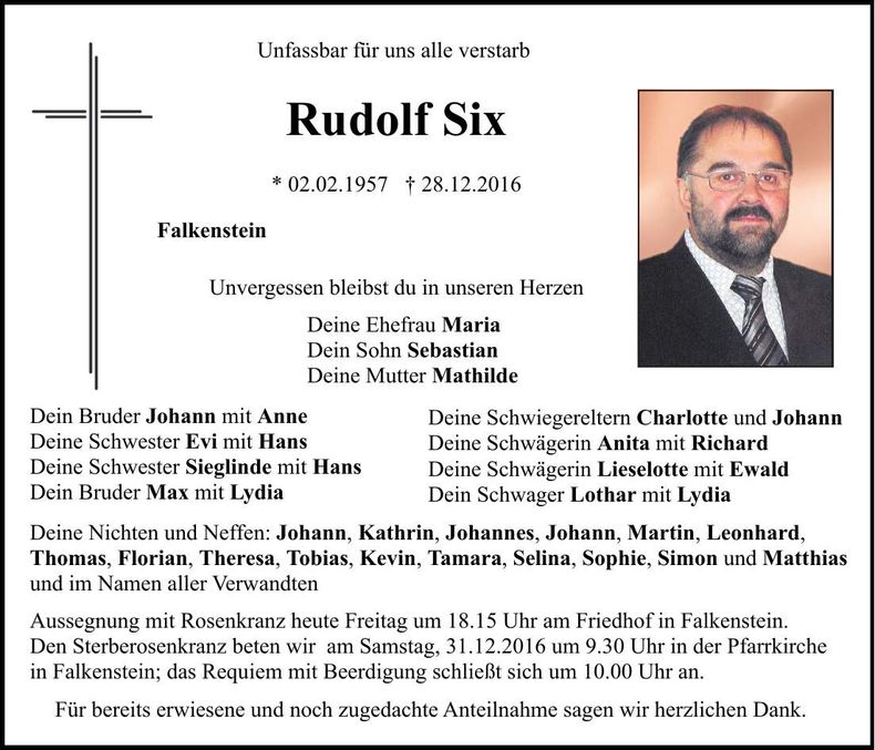 Traueranzeige Rudolf Six