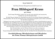 Traueranzeige Hildegard Kraus