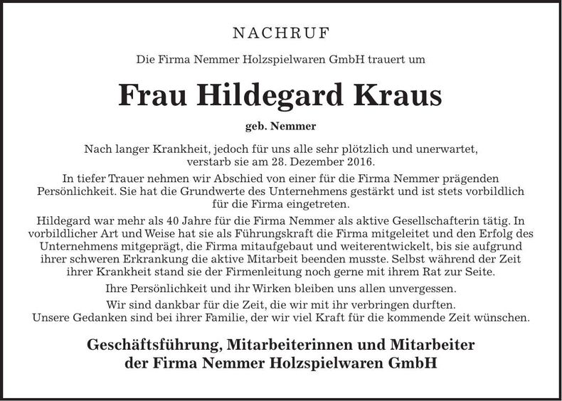 Traueranzeige Hildegard Kraus