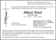 Traueranzeige Albert Nitzl