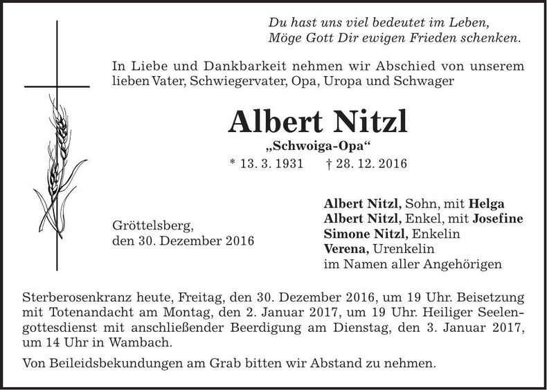 Traueranzeige Albert Nitzl