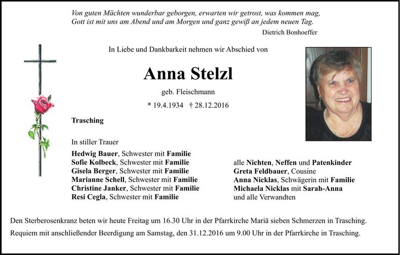 Traueranzeige Anna Stelzl