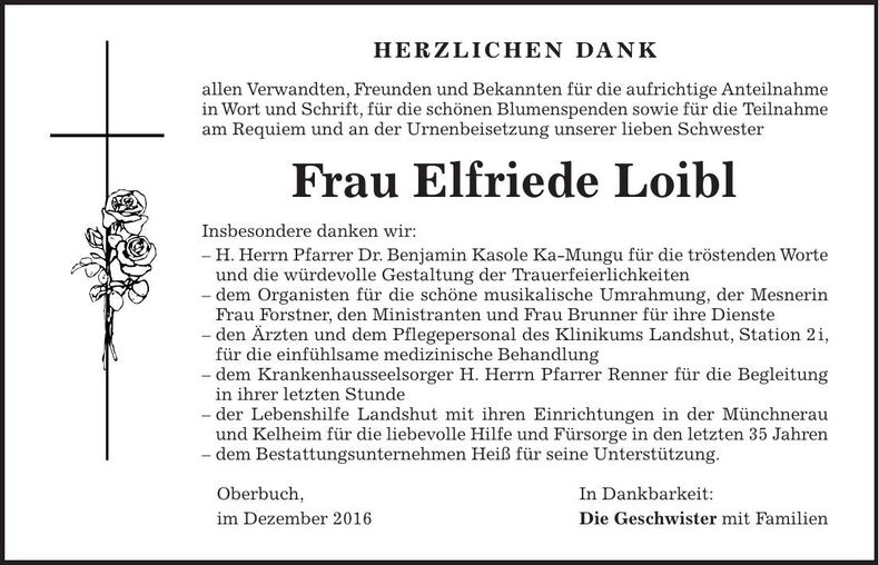 Traueranzeige Elfriede Loibl