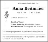 Traueranzeige Anna Reitmaier