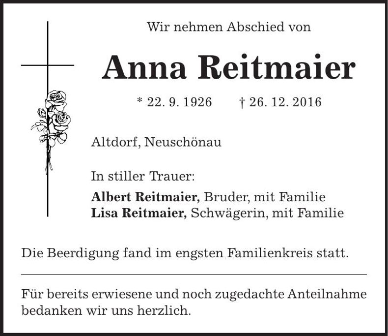 Traueranzeige Anna Reitmaier