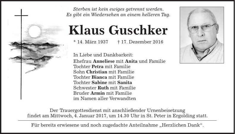 Traueranzeige Klaus Guschker